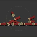 Shiny Red Bullet Casings With Gold Bottoms Scattered On Black Background Surface