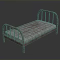 Vintage Metal Single Bed With Curved Rails And Plaid Mattress On Dark Background