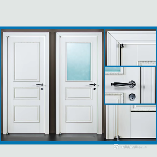 White Hinged Doors With Glass Panel And Handle Lock Installation Details 3d model