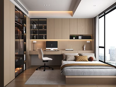 Modern Tatami Bedroom Interior With Tatami Bed Writing Desk Storage Cabinets And Large Window 3d model
