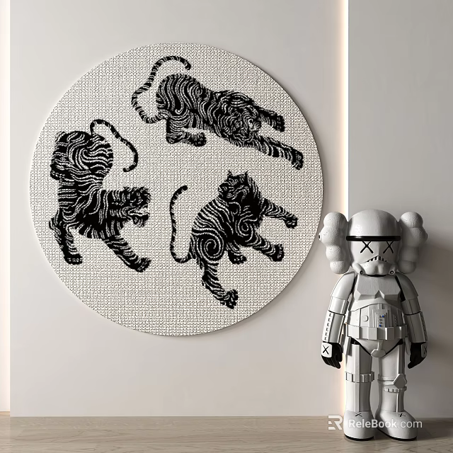 Circular Rug On Wall With Tiger Patterns And Decorative Toy 3d model