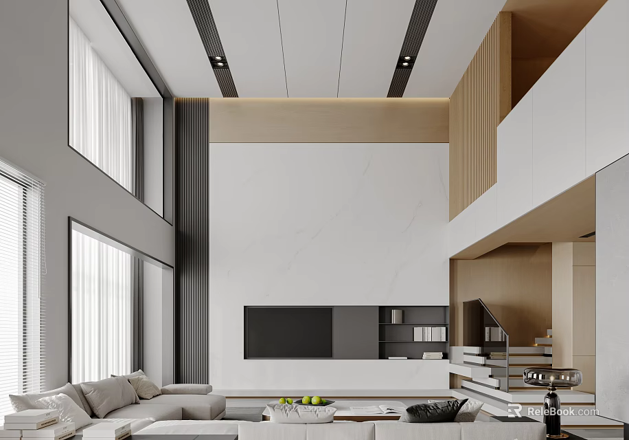 Modern Duplex Living Room Interior With High Ceiling Large Windows Sofa And TV Wall 3d model