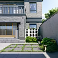 Garden Landscape Design With Outdoor Leisure Area Umbrella Wicker Furniture Trimmed Bushes And Stone Path