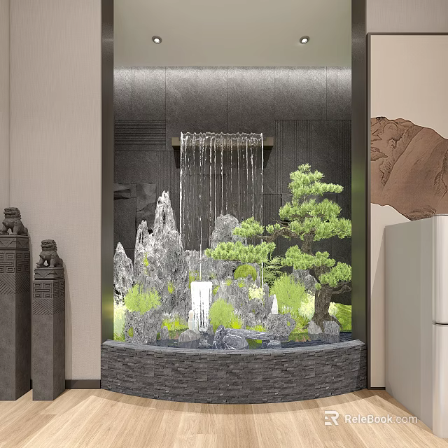 Natural Indoor Landscape With Rock Waterfall Pine Trees And Stone Structures 3d model 