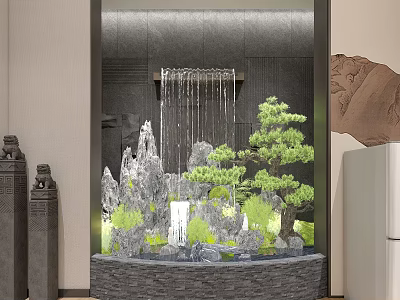 Natural Indoor Landscape With Rock Waterfall Pine Trees And Stone Structures 3d model