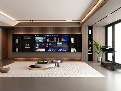 Modern Entertainment Center With Flat-screen TV Open Shelves And Storage Cabinets In Living Room Interior 3d model