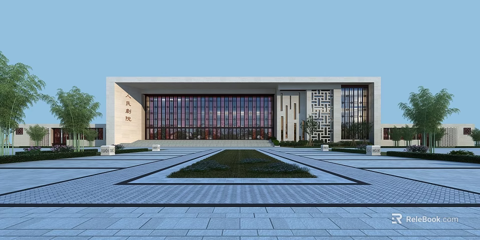Modern Traditional Cultural Center Building With Red Grille Windows And Front Square Greenery 3d model 