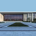 Modern Traditional Cultural Center Building With Red Grille Windows And Front Square Greenery
