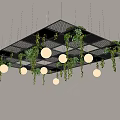 Modern Ceiling Design with Black Grid Hanging Green Plants and Round Lights 3d model