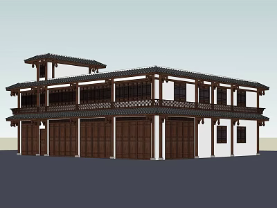 Traditional Chinese Two Story Building With Wooden Garage Doors Tile Roof White Walls Timber Accents 3d model