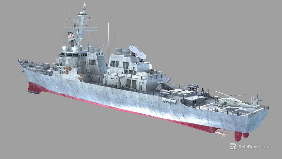 Modern Naval Warship Featuring Silver Gray Hull Red Bottom Superstructure Antennas And Deck Equipment 3d model 
