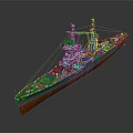 Large Detailed Warship Model Featuring Multiple Turrets Masts And Naval Deck Equipment 3d model