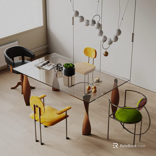 Modern Minimalist Dining Table Set With Glass Top Wooden Legs Colorful Chairs And Potted Plant 3d model 