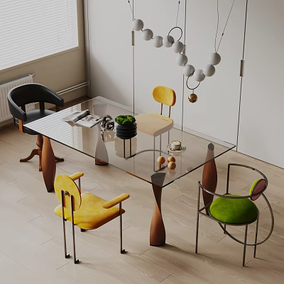 Modern Minimalist Dining Table Set With Glass Top Wooden Legs Colorful Chairs And Potted Plant 3d model