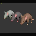 Three Colored Mice White Gray Brown 3D Models on Dark Background with Reflection