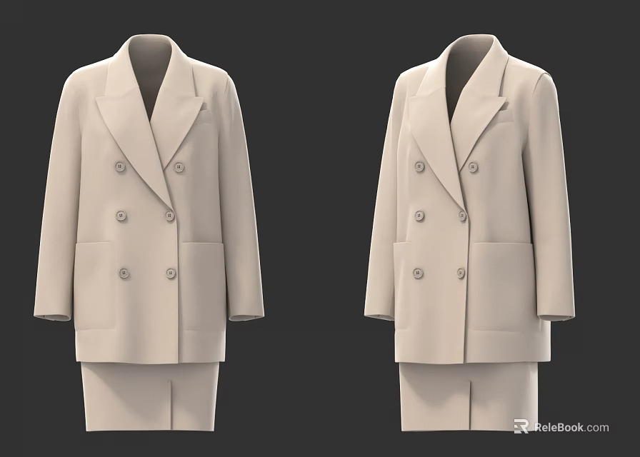Beige Double Breasted Suit Set With Long Sleeve Blazer And Matching Skirt 3d model 