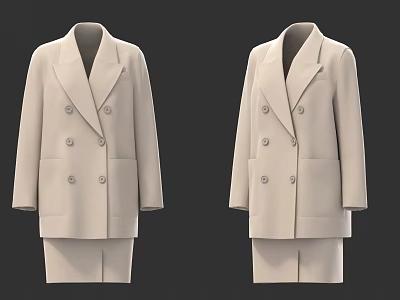 Beige Double Breasted Suit Set With Long Sleeve Blazer And Matching Skirt 3d model