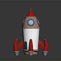 Red And White Space Rocket Model With Red Thrusters And Blue Circular Windows