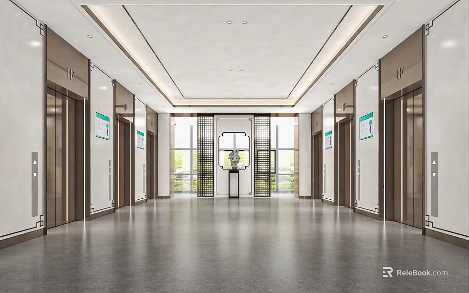 Elevator Corridor Interior Design With Modern Elevator Doors Polished Floor And Decorative Walls 3d model