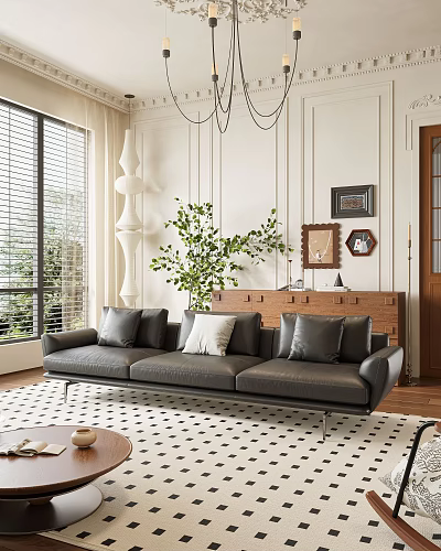 Modern Living Room Interior Design With Gray Sofa Green Plant Wooden Cabinet And Checkered Rug 3d model