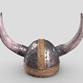Vintage Viking Warrior Helmet Featuring Large Curved Horns Metallic Finish And Ornate Golden Band