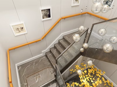Modern Staircase With Wooden Handrail And Glass Railings Framed Pictures And Yellow Flowers 3d model