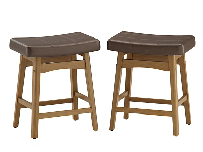 Set Of Two Classic Wooden Bar Stools With Brown Upholstered Saddle Seats For Home Kitchen 3d model