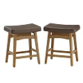 Set Of Two Classic Wooden Bar Stools With Brown Upholstered Saddle Seats For Home Kitchen