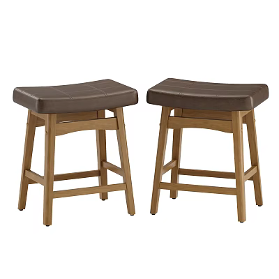 Set Of Two Classic Wooden Bar Stools With Brown Upholstered Saddle Seats For Home Kitchen 3d model