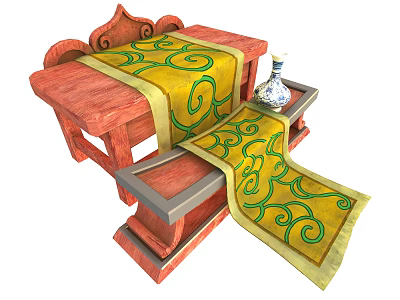 Red Wooden Dining Table Set With Yellow Cloth Green Spiral Patterns And Blue White Vase 3d model