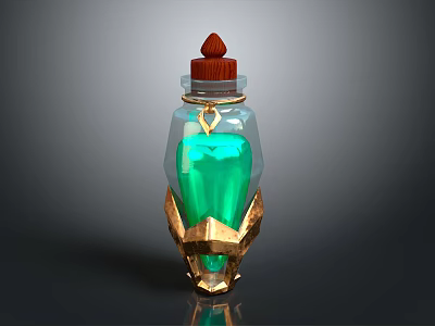 Enchanted Glass Bottle With Green Liquid Golden Decorative Base Red Stopper And Ring 3d model