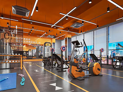 Modern Gym Interior With Orange Ceiling Fitness Equipment And Yoga Mats 3d model