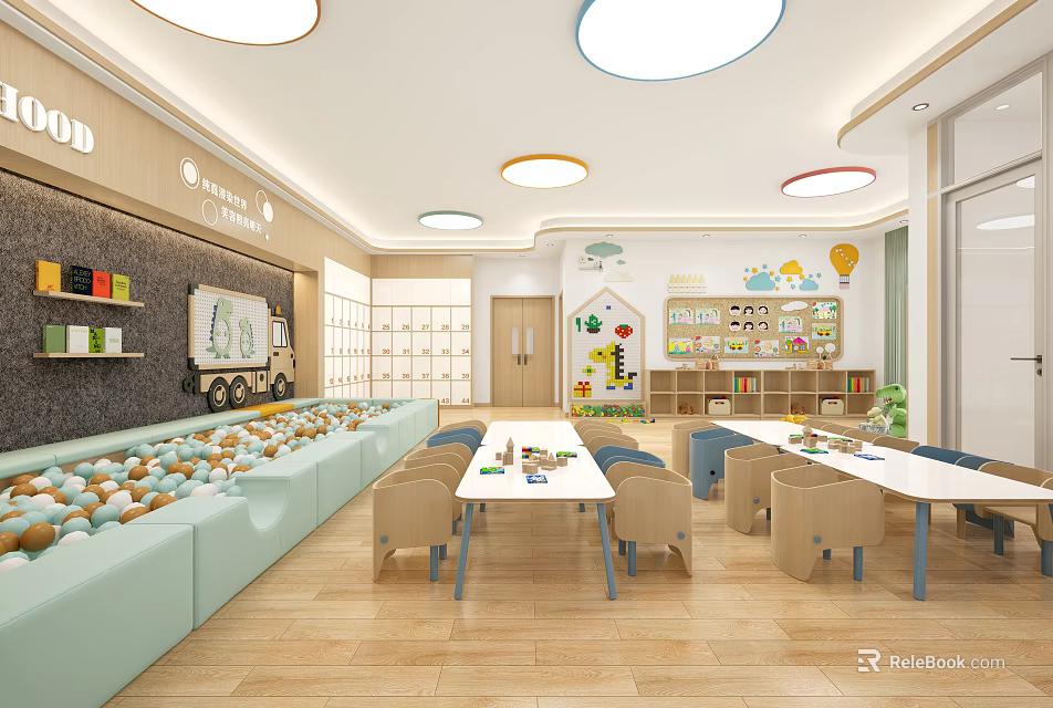 Bright Kindergarten Classroom Interior With Colorful Tables Chairs Toy Shelves And Soft Seating 3d model 