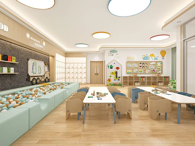 Bright Kindergarten Classroom Interior With Colorful Tables Chairs Toy Shelves And Soft Seating 3d model