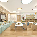 Bright Kindergarten Classroom Interior With Colorful Tables Chairs Toy Shelves And Soft Seating