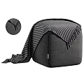 Cozy Upholstered Ottoman With Striped Blanket In Gray Light Gray And Brown Tones