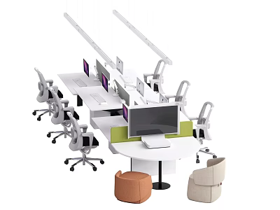 Modern Office Desk With Multiple Workstations Partition Panels Computer Monitors Office Chairs And Leisure Seats 3d model