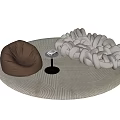 Brown And Gray Knitted Bean Bag Chairs With Small Table On Round Rug