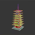 Traditional Multi Tiered Tower Model With Red Base Gray Roof And Golden Spire