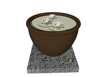 Brown Aquarium Basin With White Lotus Flowers On Stone Base Decor 3d model