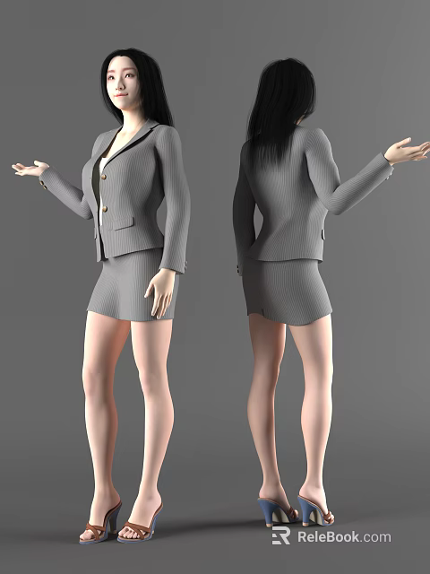 Women in Gray Striped Suit With Front and Back Views and Outstretched Hand 3d model 