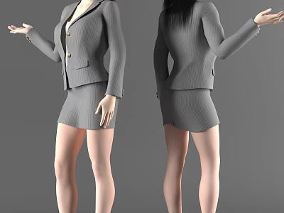 Women in Gray Striped Suit With Front and Back Views and Outstretched Hand 3d model