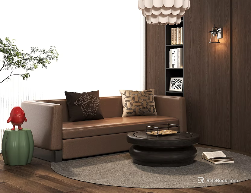 Brown Double Sofa With Decorative Pillows On Light Rug And Round Coffee Table 3d model 