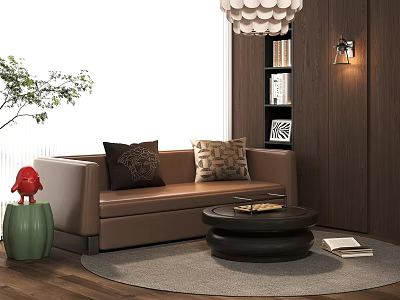 Brown Double Sofa With Decorative Pillows On Light Rug And Round Coffee Table 3d model