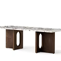 Modern Dining Table With Marble Tabletop And Walnut Legs Featuring Circular Cutouts 3d model