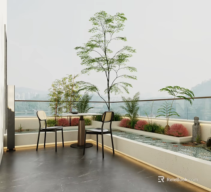 Villa Balcony Featuring Outdoor Table Chairs Green Plants Glass Railing Black Floor Mountain View 3d model 