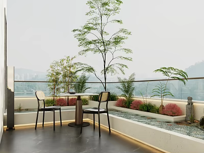 Villa Balcony Featuring Outdoor Table Chairs Green Plants Glass Railing Black Floor Mountain View 3d model