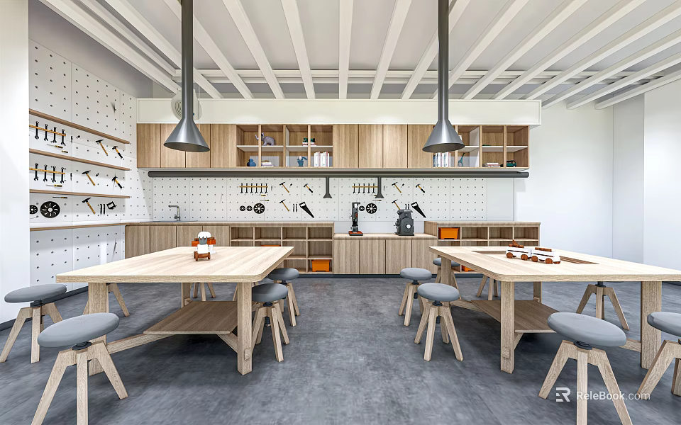 Contemporary Book Art Studio Design With Wooden Worktables And Illustration Tools 3d model 