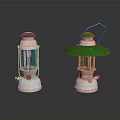 Vintage Kerosene Lamps With Red Top Green Shade And Metallic Structure On Black Reflective Surface
