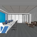 Modern Office Space With Blue Accent Wall Reception Desk Computers And Sofa Area 3d model